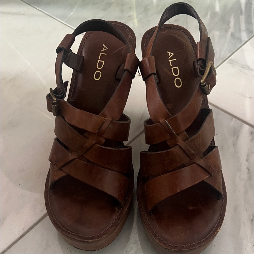 Aldo Chestnut Leather Platform Sandals